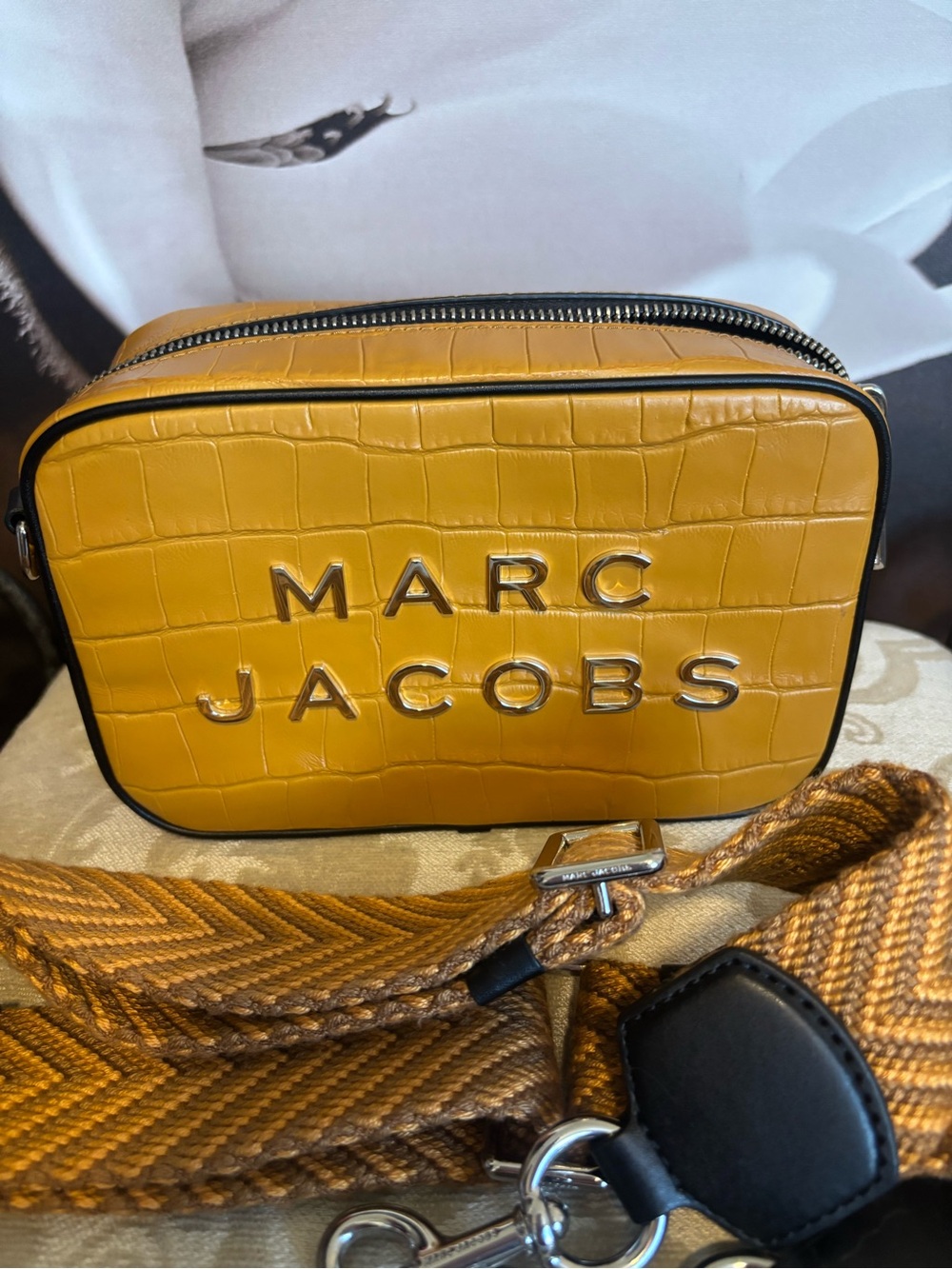 Marc Jacobs Mustard Croc-Embossed Camera Crossbody with Woven Strap - Picture 2 of 10